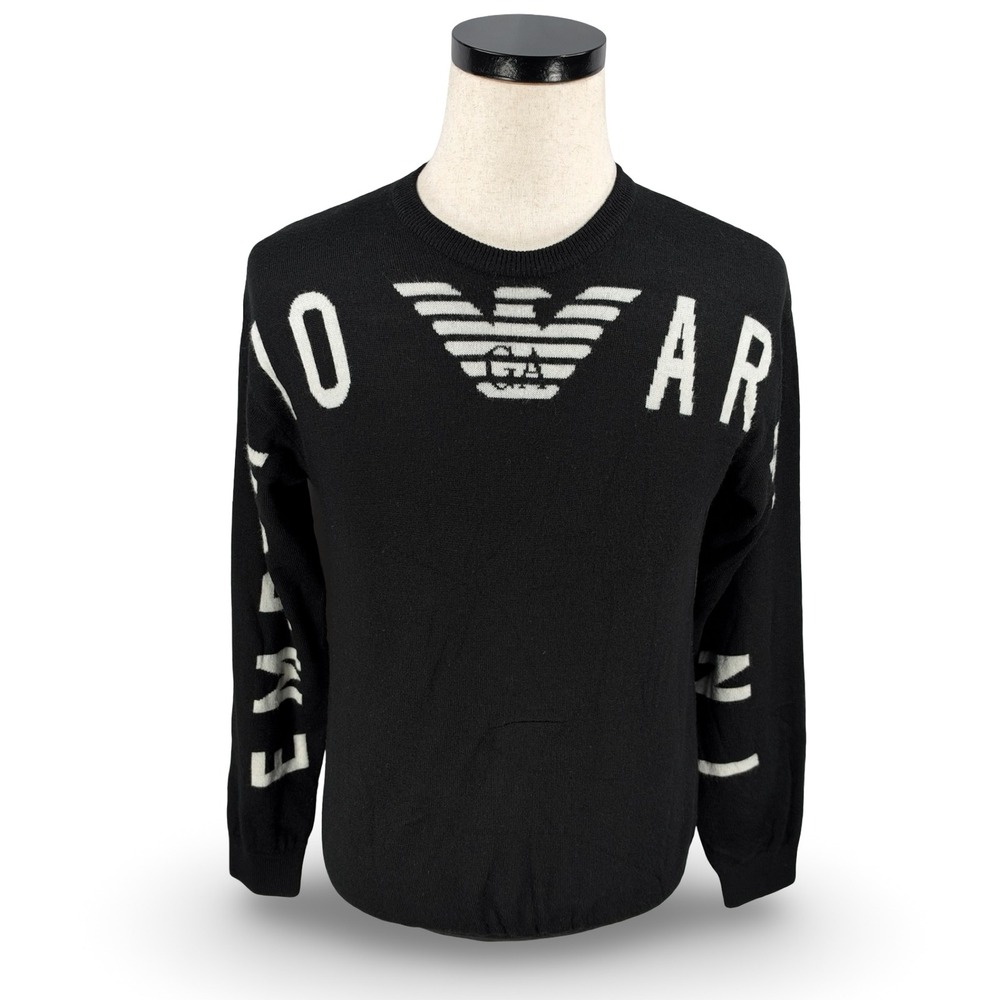 Emporio Armani Men Black Logo Intarsia Knit Spellout Pullover Sweater Small READ
